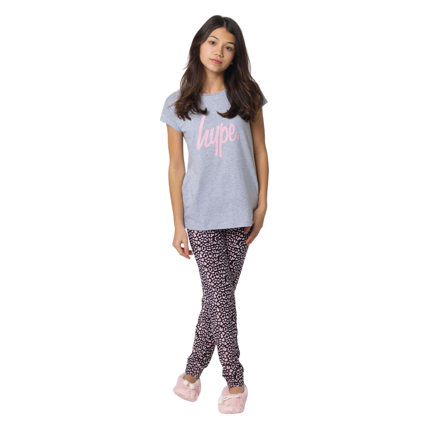 Grey - Front - Hype Girls Leopard Print Slouch Capped Sleeved Long Pyjama Set