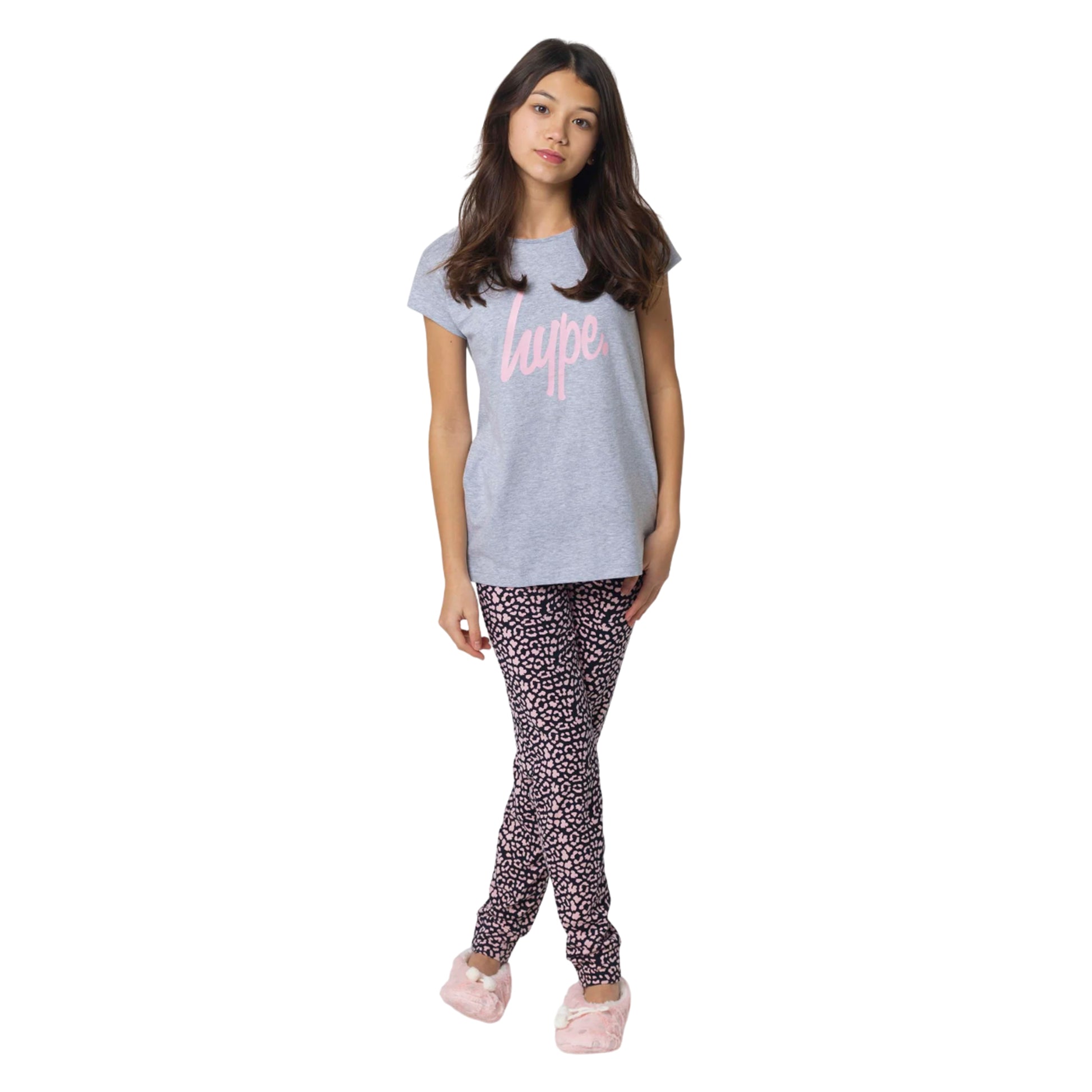 Grey - Front - Hype Girls Leopard Print Slouch Capped Sleeved Long Pyjama Set