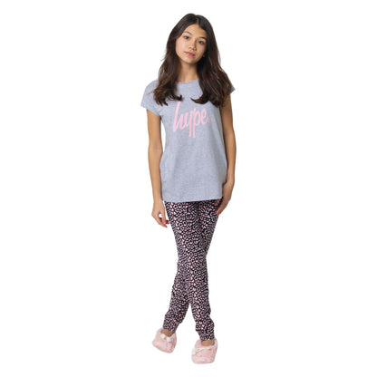 Grey - Front - Hype Girls Leopard Print Slouch Capped Sleeved Long Pyjama Set