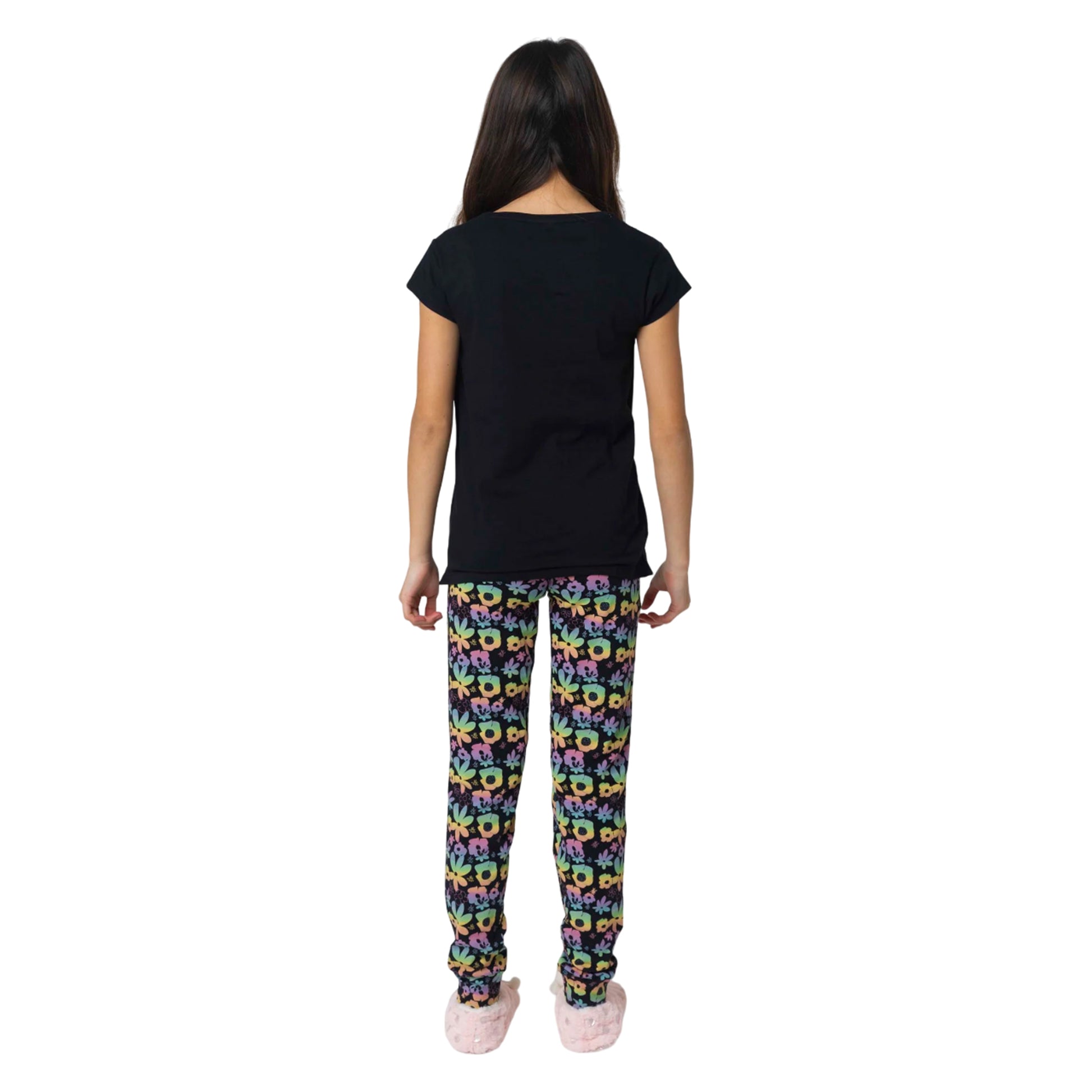 Black - Back - Hype Girls Floral Slouch Capped Sleeved Long Pyjama Set
