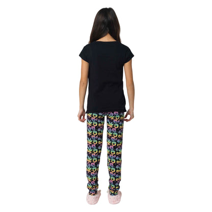 Black - Back - Hype Girls Floral Slouch Capped Sleeved Long Pyjama Set