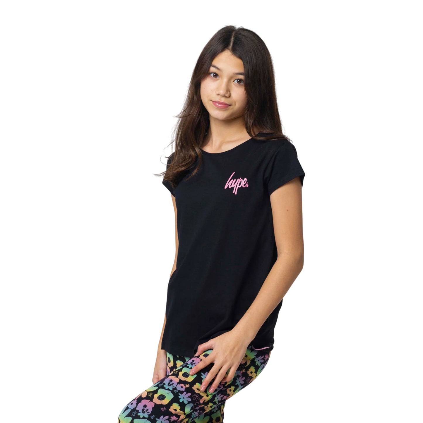Black - Side - Hype Girls Floral Slouch Capped Sleeved Long Pyjama Set