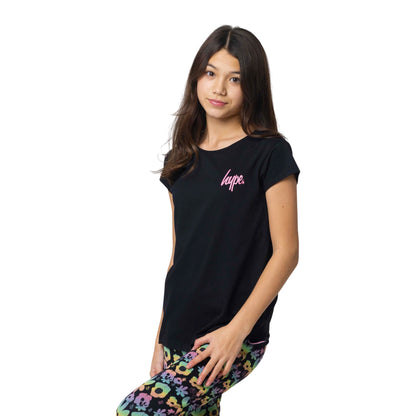 Black - Side - Hype Girls Floral Slouch Capped Sleeved Long Pyjama Set