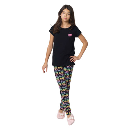 Black - Front - Hype Girls Floral Slouch Capped Sleeved Long Pyjama Set