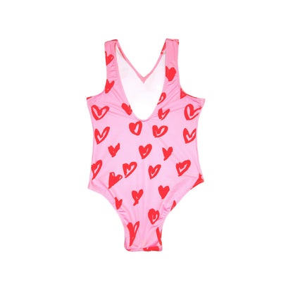 Pink-Red - Back - Hype Girls Scribble Heart One Piece Swimsuit