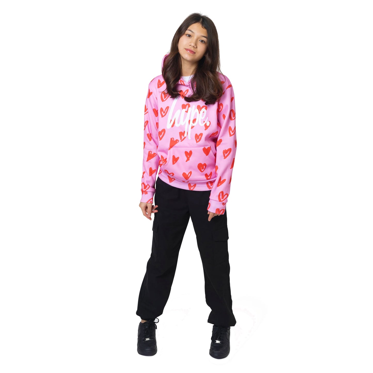 Pink-Red-White - Side - Hype Girls Scribble Hearts Hoodie