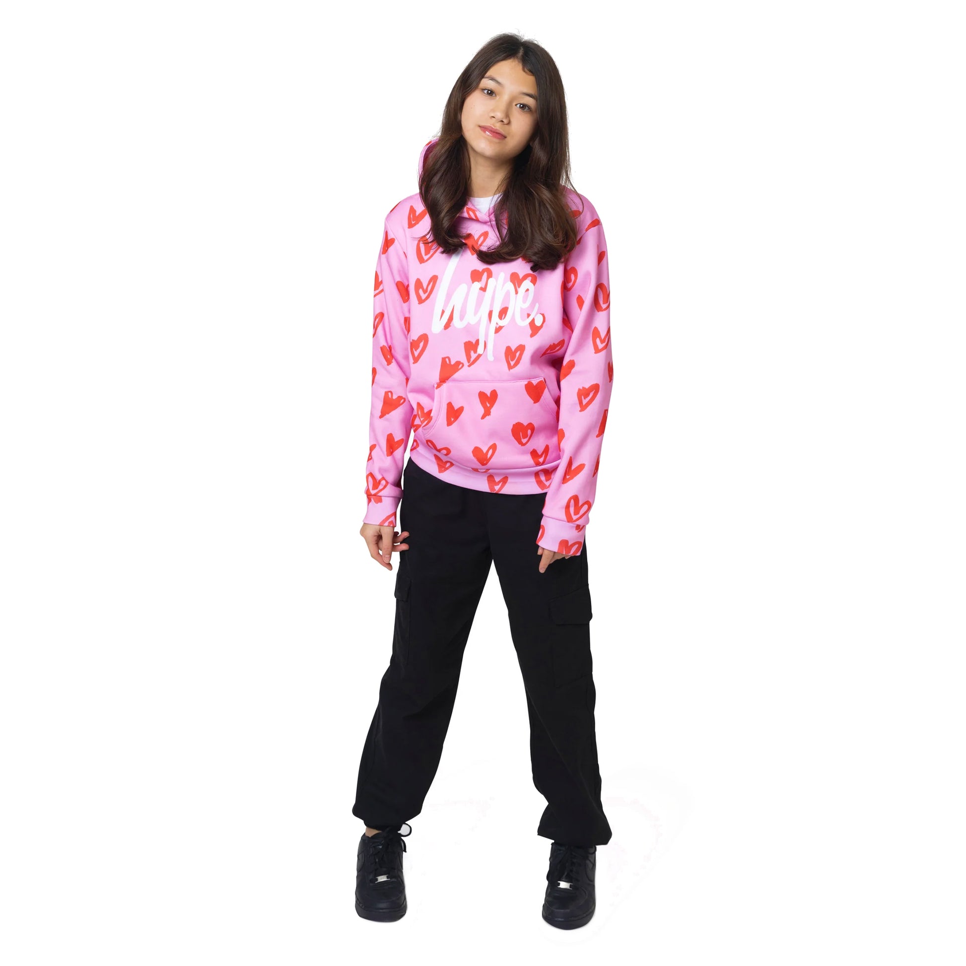Pink-Red-White - Side - Hype Girls Scribble Hearts Hoodie