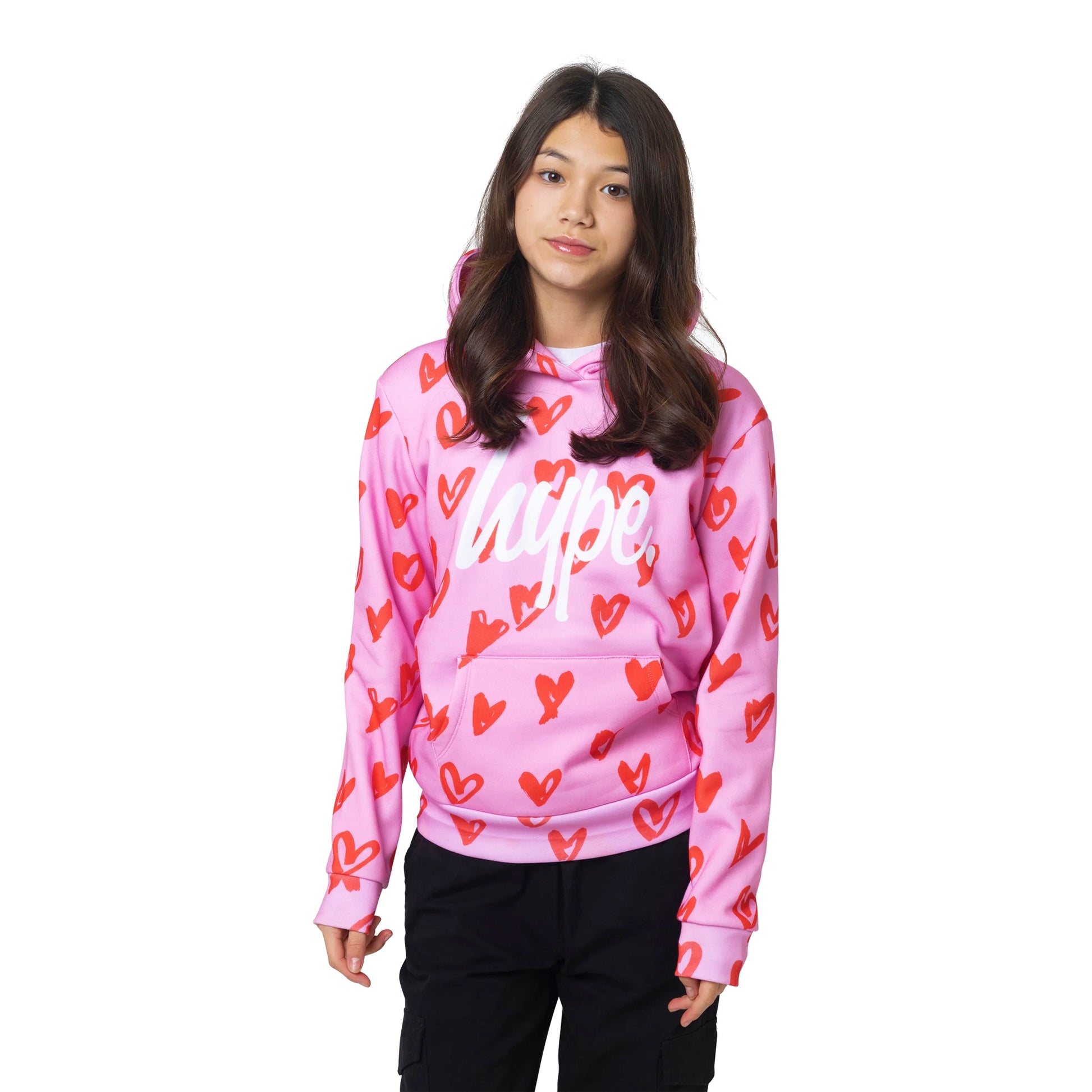 Pink-Red-White - Front - Hype Girls Scribble Hearts Hoodie