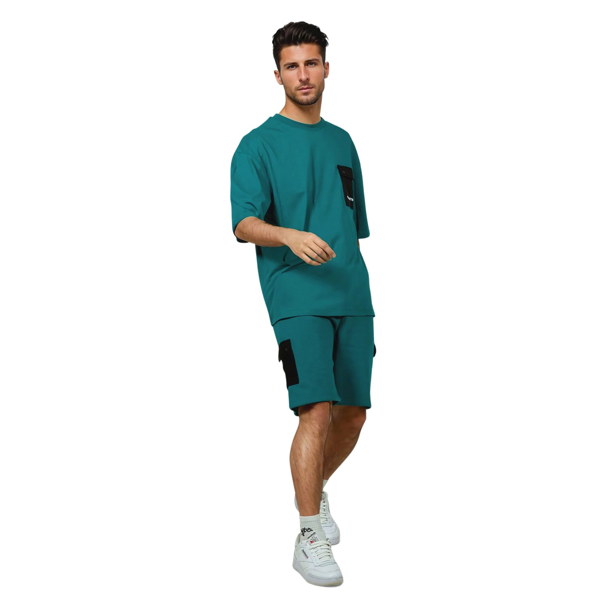 Teal - Side - Hype Unisex Adult Continu8 Cargo Pocket Boxy T-Shirt