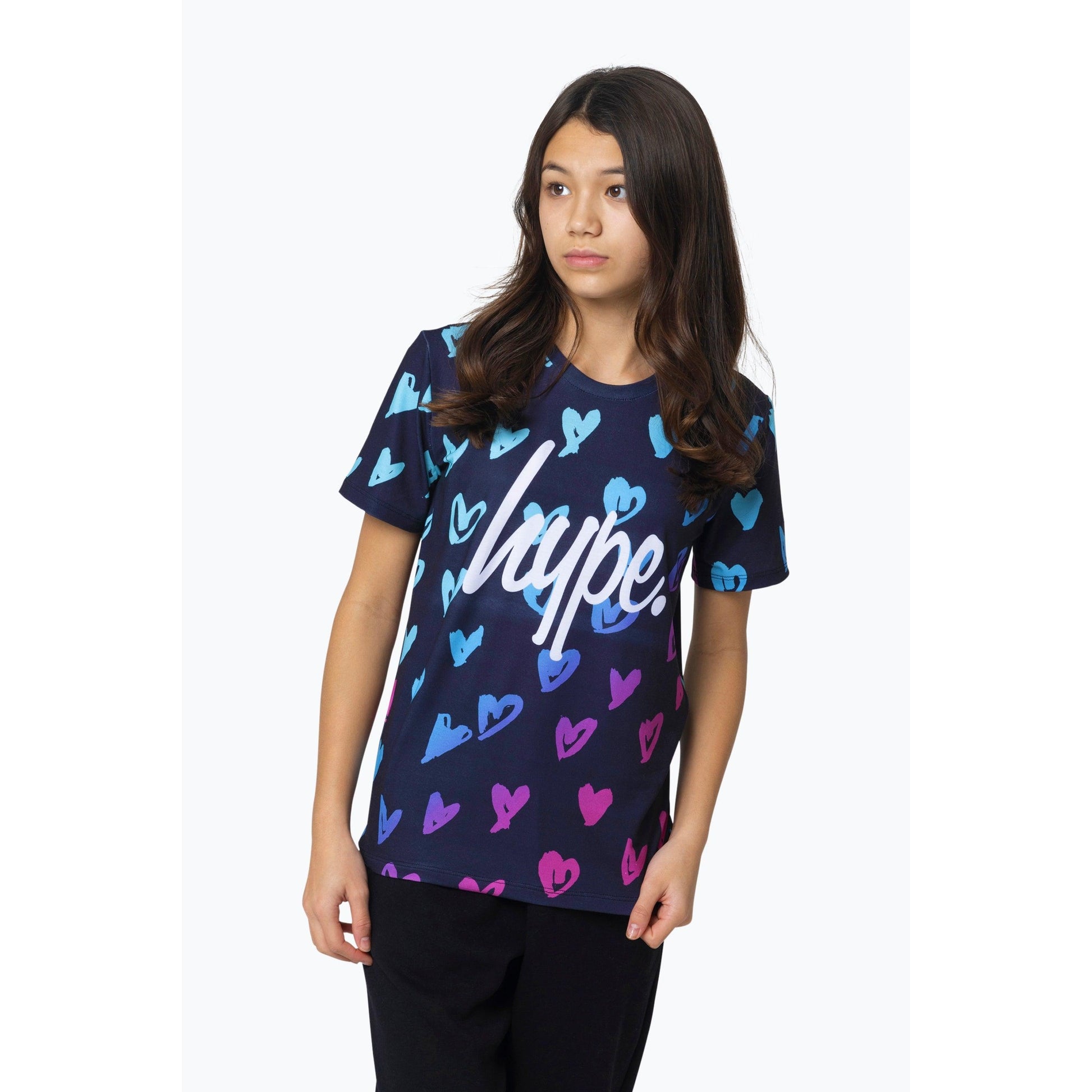 Multicoloured - Front - Hype Girls Scribble Hearts T-Shirt