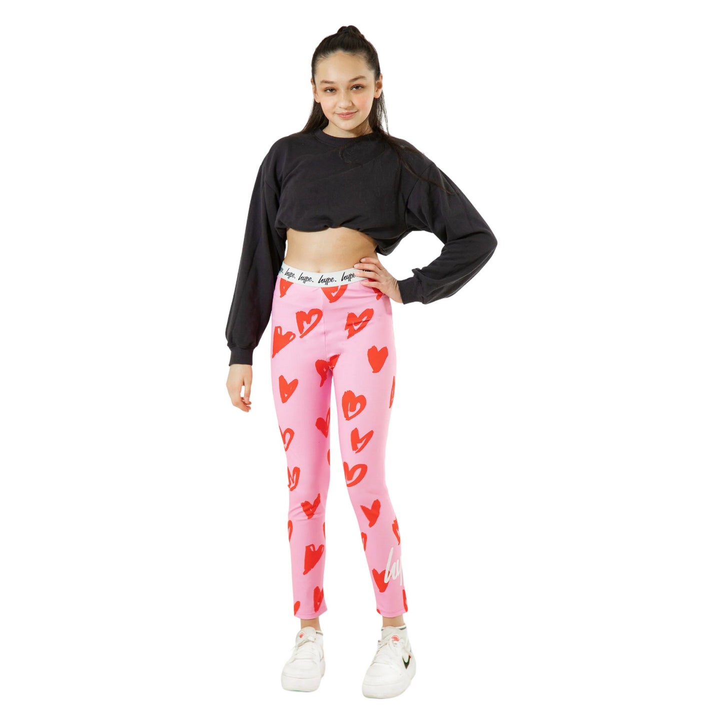 Pink-Red-White - Side - Hype Girls Scribble Hearts Leggings