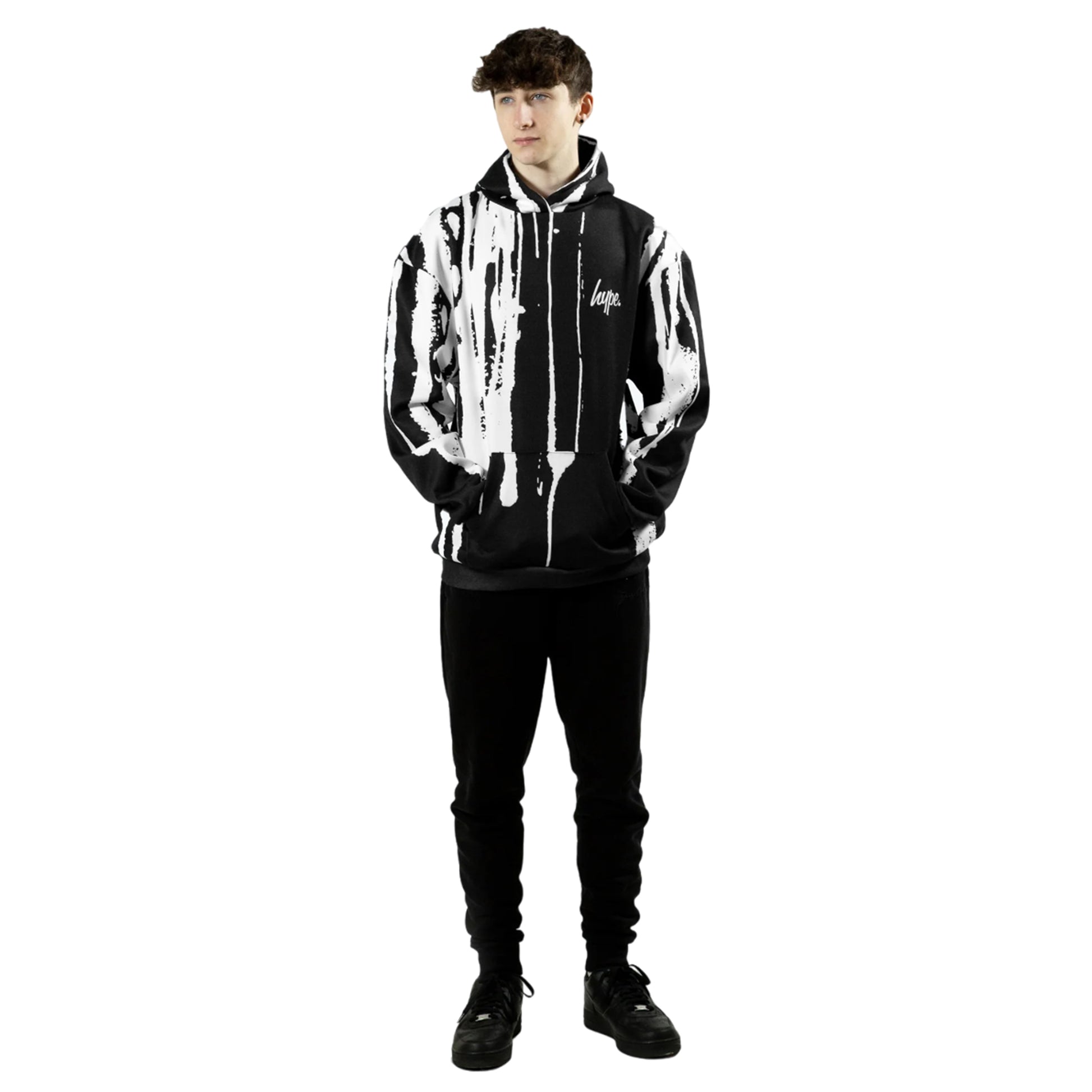 Black-White - Side - Hype Boys Layered Earth Script Hoodie