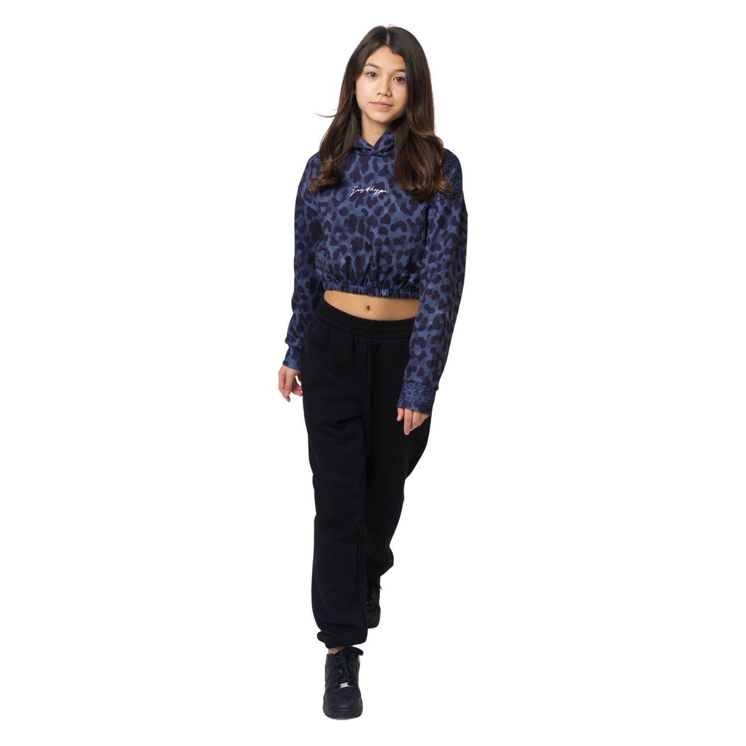 Blue-Black - Side - Hype Girls Leopard Print Crop Hoodie