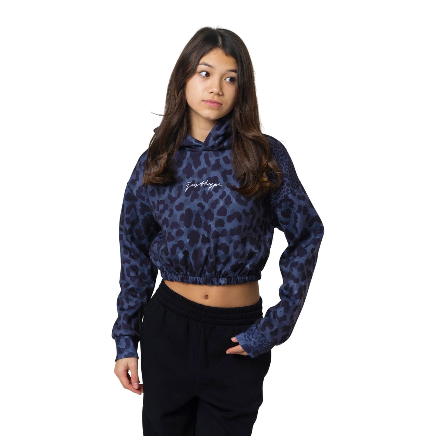 Blue-Black - Front - Hype Girls Leopard Print Crop Hoodie