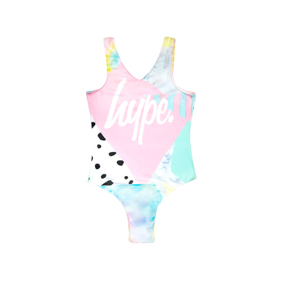 Multicoloured - Front - Hype Girls Pastel Collage One Piece Swimsuit