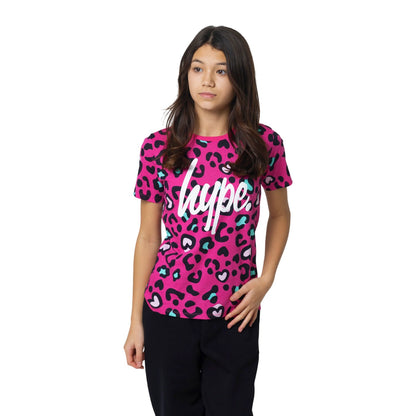 Pink-White - Front - Hype Girls Leopard Print T-Shirt (Pack of 2)