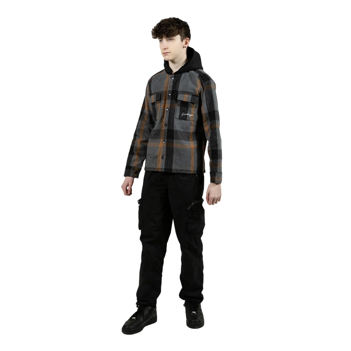 Grey-Black-Orange - Side - Hype Boys Plaid Hooded Shirt