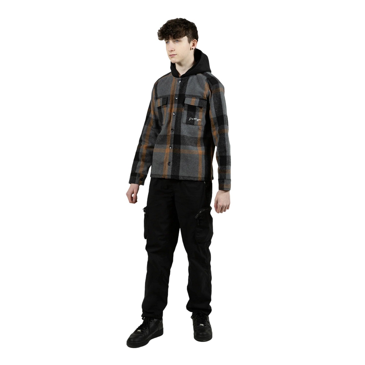 Grey-Black-Orange - Side - Hype Boys Plaid Hooded Shirt