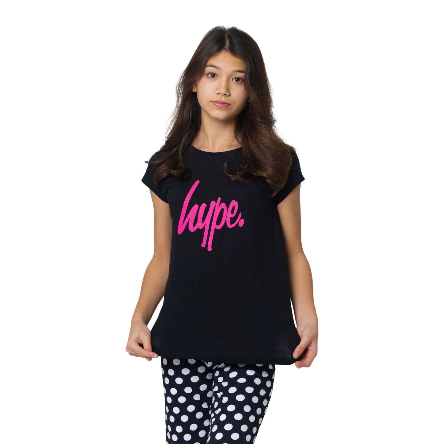 Black - Side - Hype Girls Spotted Capped Sleeved Pyjama Set
