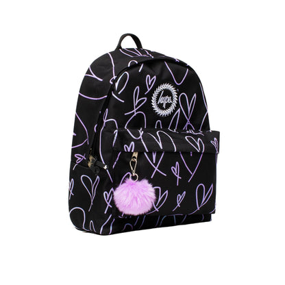 Black - Side - Hype Glitter Scribble Hearts Backpack