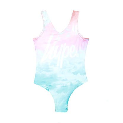 Pink-Blue-White - Front - Hype Girls Pastel Clouds One Piece Swimsuit