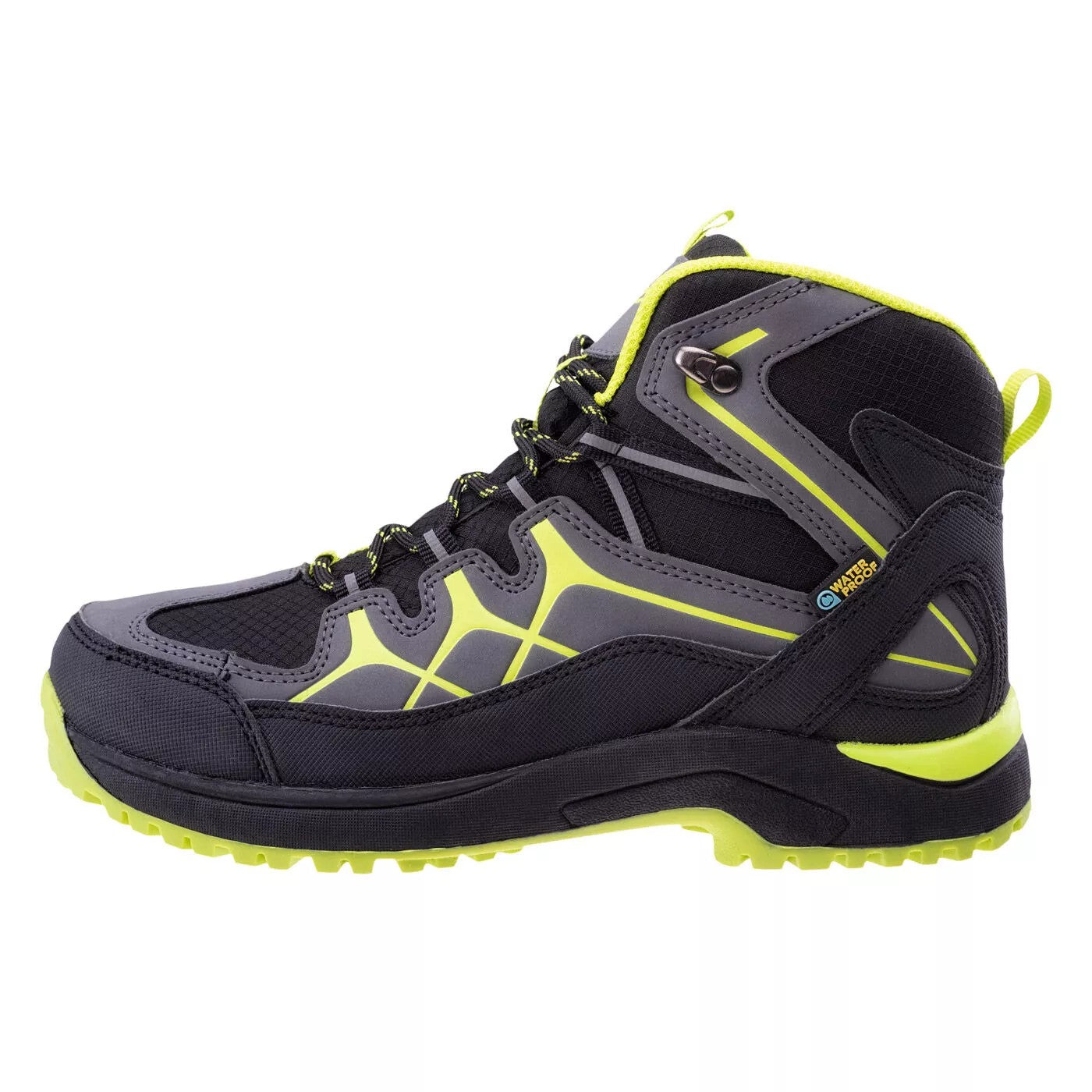 Black-Dark Grey-Lime - Pack Shot - Hi-Tec Childrens-Kids Miko Waterproof Mid Cut Walking Shoes