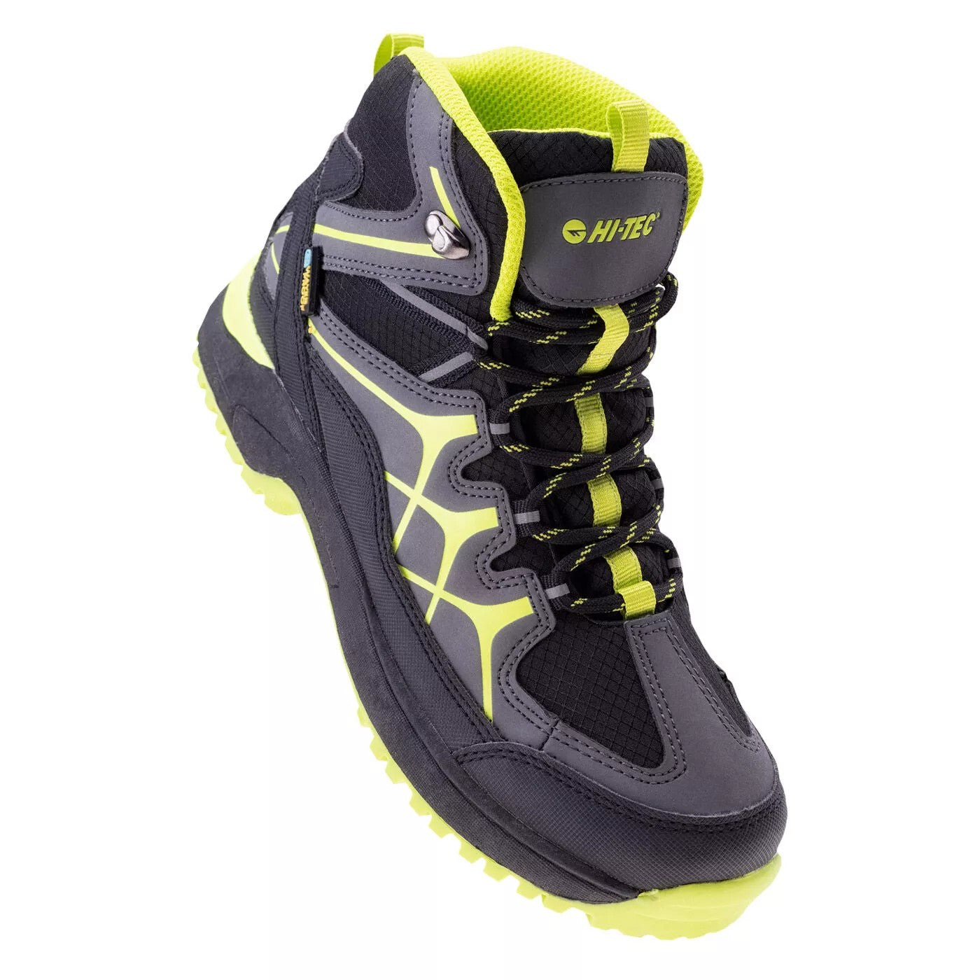 Black-Dark Grey-Lime - Close up - Hi-Tec Childrens-Kids Miko Waterproof Mid Cut Walking Shoes