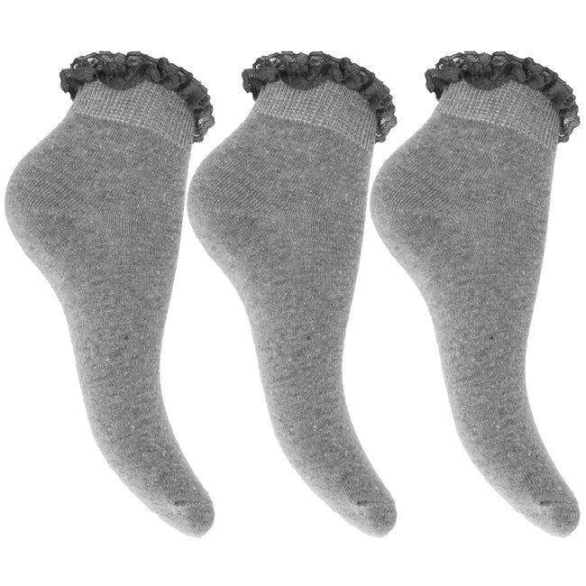 Grey - Front - Childrens Girls Ruffled Trim School Socks (Pack Of 3)