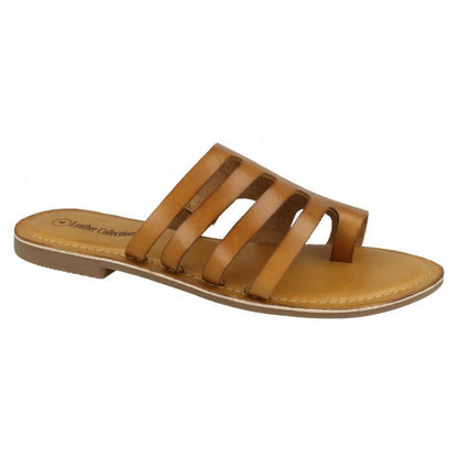 Tan Leather - Front - Leather Collection Womens-Ladies Flat Strappy Sandals