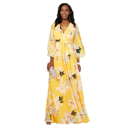 Yellow - Front - Krisp Womens-Ladies Floral Wrap Angel Sleeve Maxi Dress