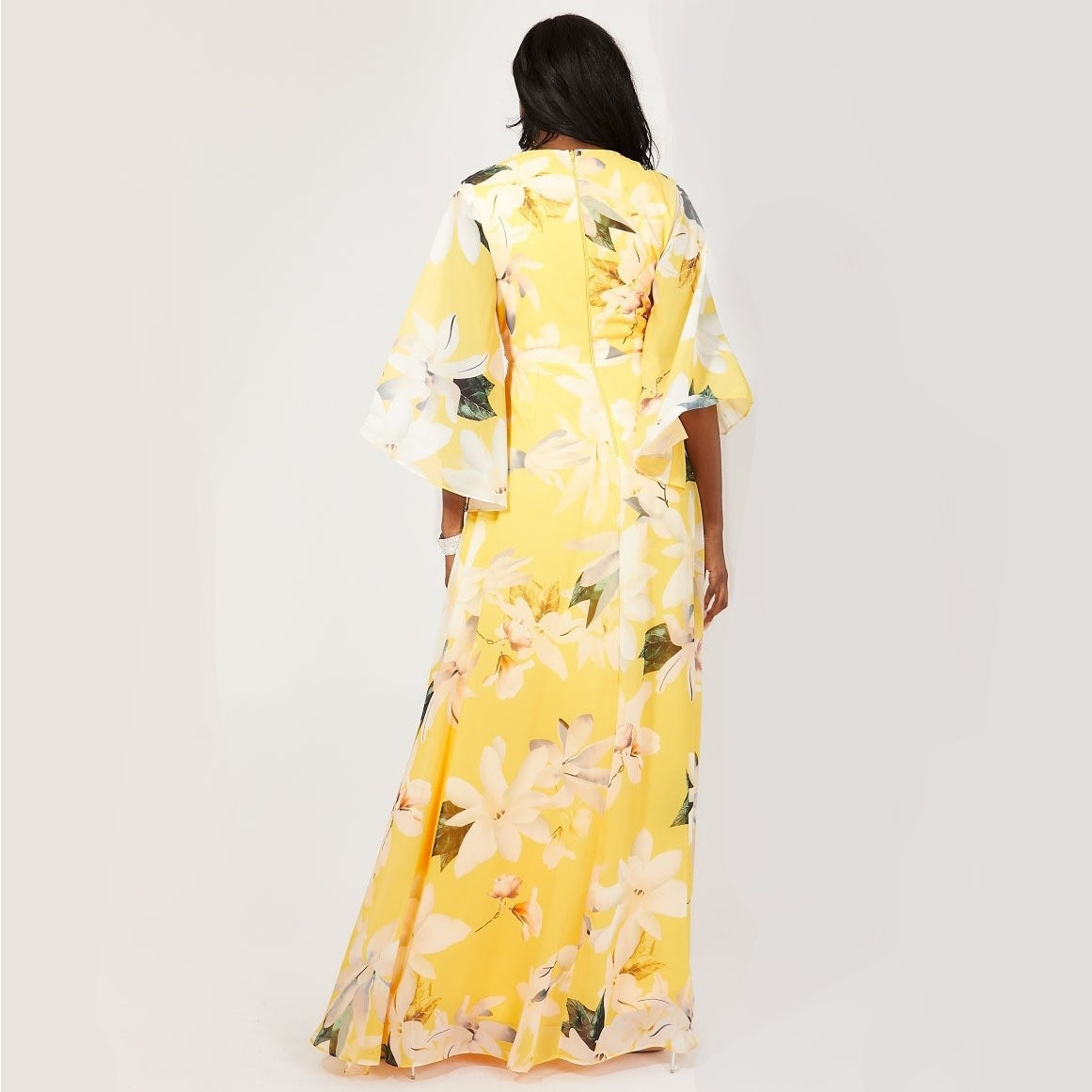 Yellow - Back - Krisp Womens-Ladies Floral Wrap Angel Sleeve Maxi Dress