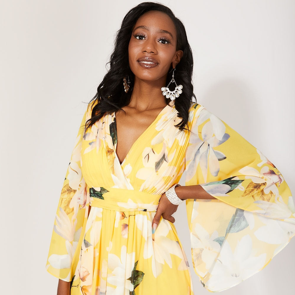 Yellow - Side - Krisp Womens-Ladies Floral Wrap Angel Sleeve Maxi Dress