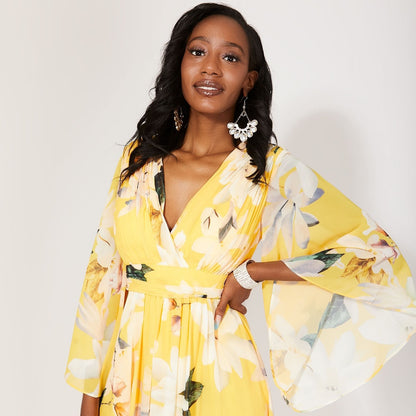 Yellow - Side - Krisp Womens-Ladies Floral Wrap Angel Sleeve Maxi Dress