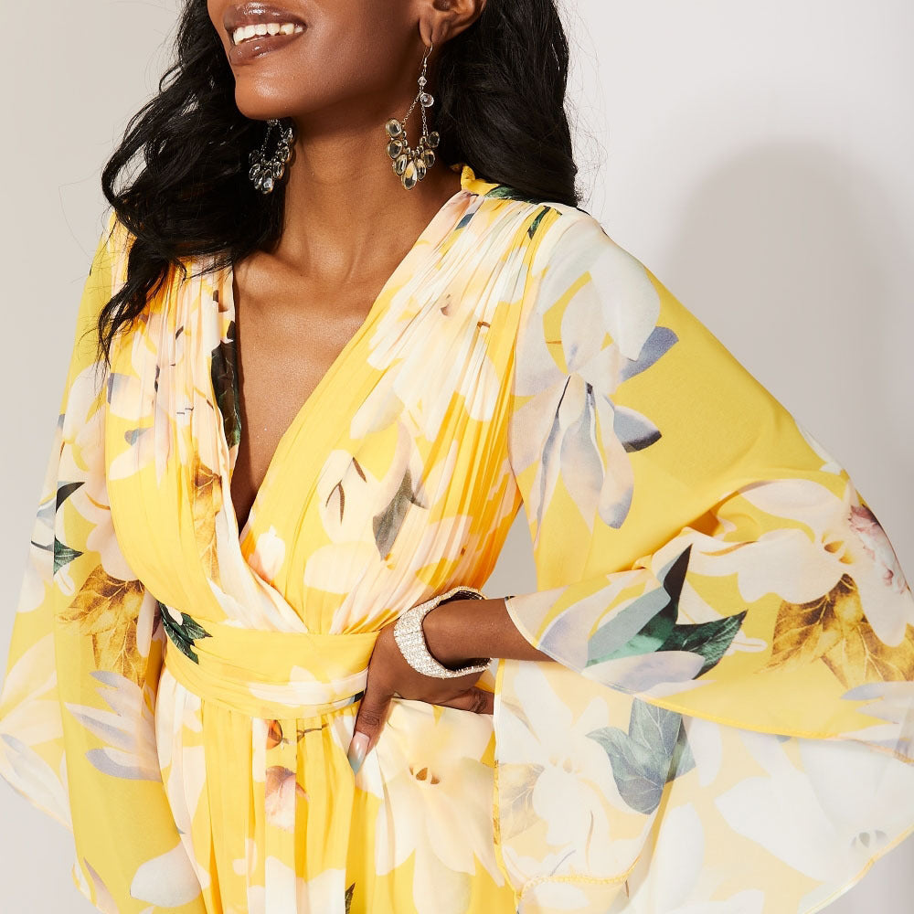 Yellow - Lifestyle - Krisp Womens-Ladies Floral Wrap Angel Sleeve Maxi Dress