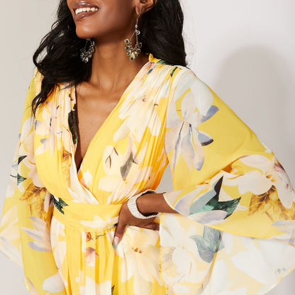 Yellow - Lifestyle - Krisp Womens-Ladies Floral Wrap Angel Sleeve Maxi Dress