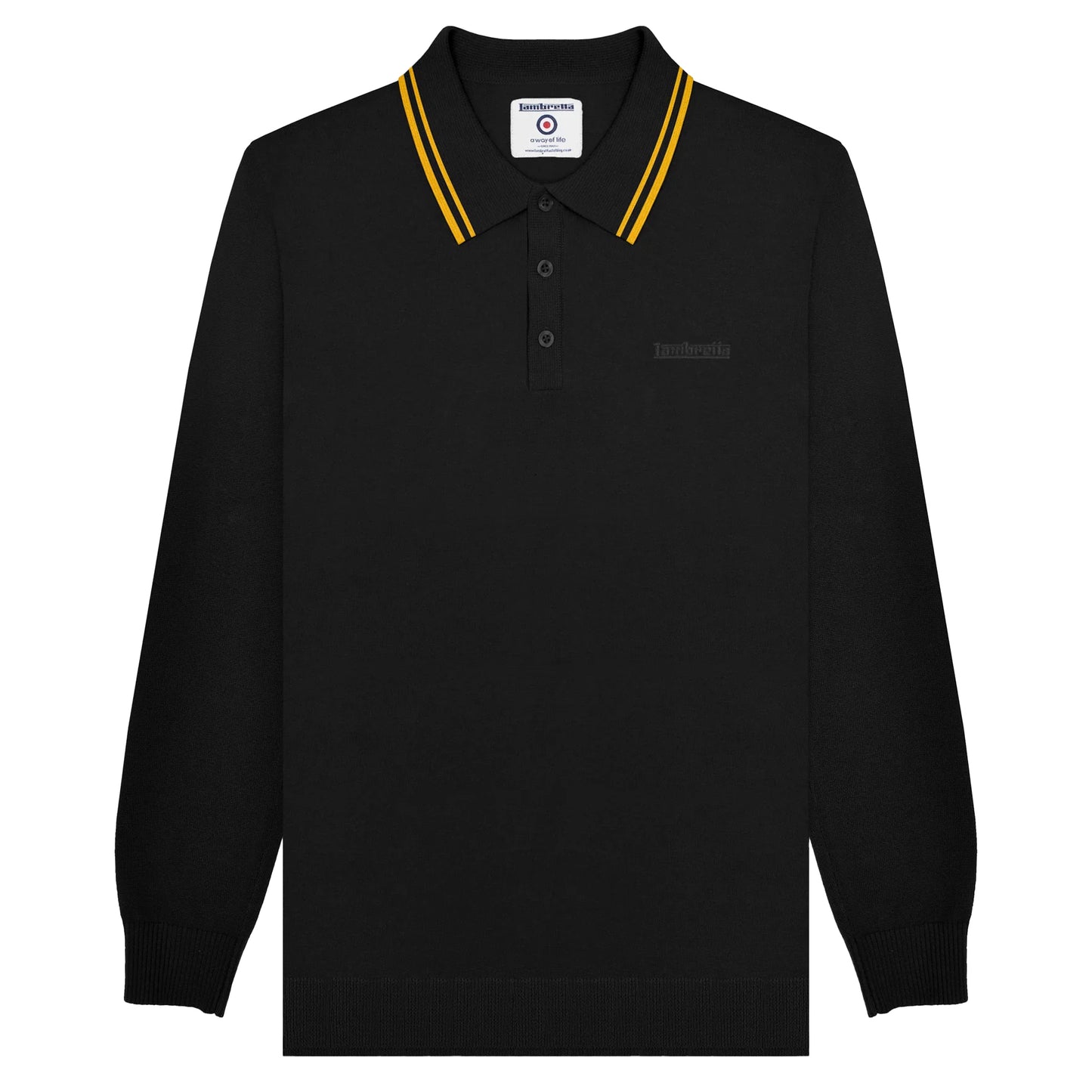 Black-Gold - Front - Lambretta Mens Knitted Tipped Long-Sleeved Polo Shirt