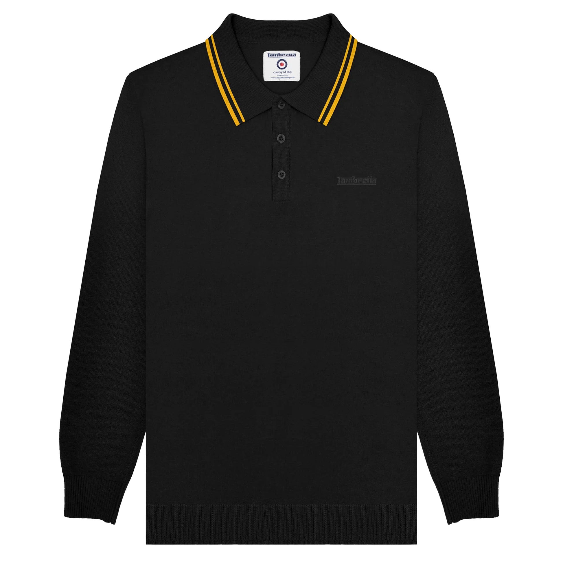 Black-Gold - Front - Lambretta Mens Knitted Tipped Long-Sleeved Polo Shirt