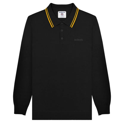 Black-Gold - Front - Lambretta Mens Knitted Tipped Long-Sleeved Polo Shirt