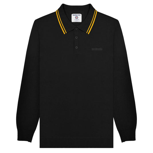 Black-Gold - Front - Lambretta Mens Knitted Tipped Long-Sleeved Polo Shirt