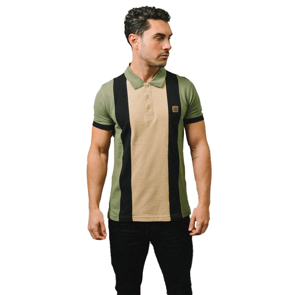 Khaki Green - Side - Lambretta Mens Vintage Panelled Polo Shirt
