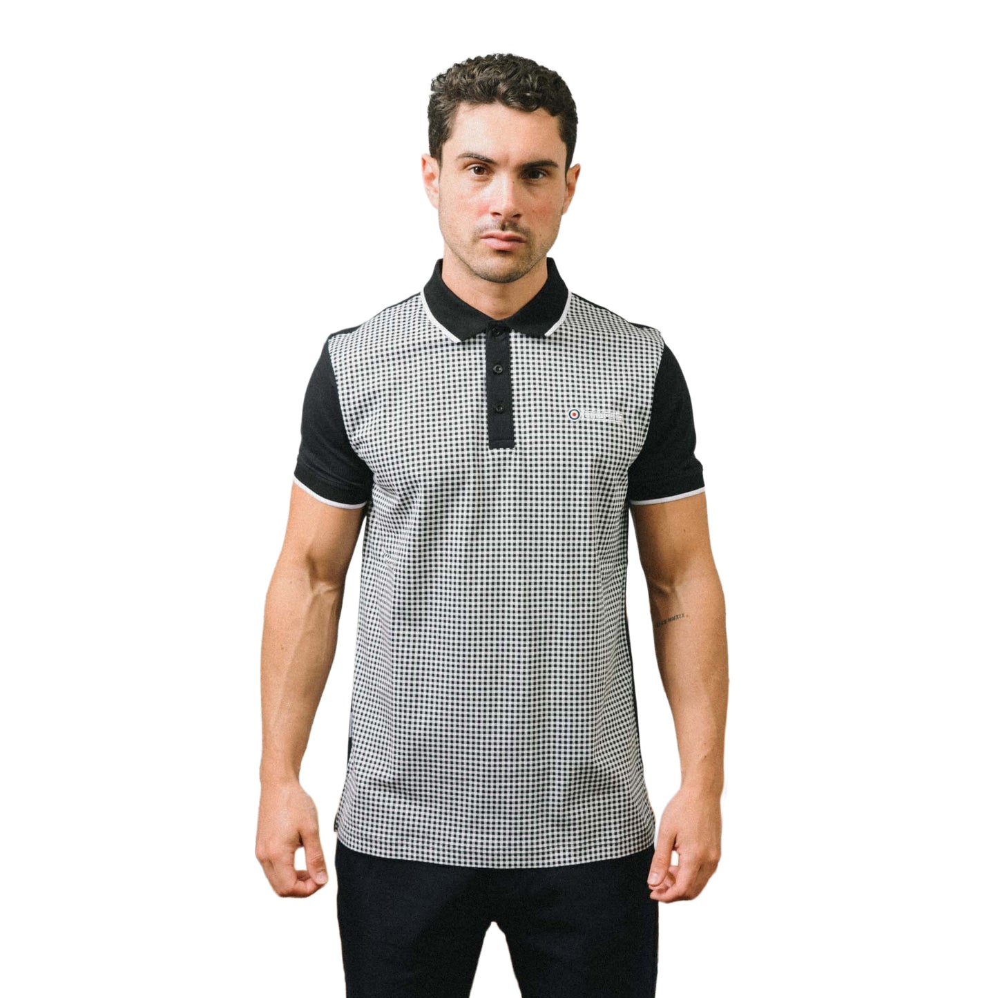 Black - Side - Lambretta Mens Gingham All-Over Print Polo Shirt