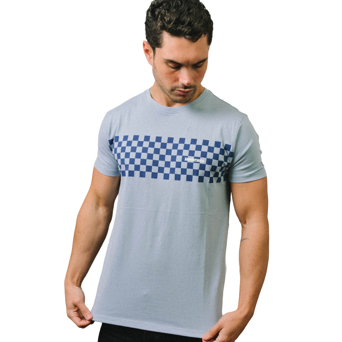 Dusky Blue-Dark Blue - Side - Lambretta Mens AW24 Two Tone Panelled T-Shirt