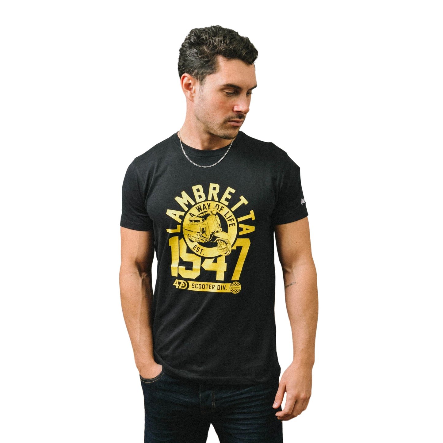 Black-Gold - Side - Lambretta Mens 1947 Scooter T-Shirt