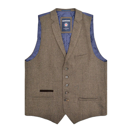 Brown - Front - Lambretta Mens Morgan Herringbone Waistcoat