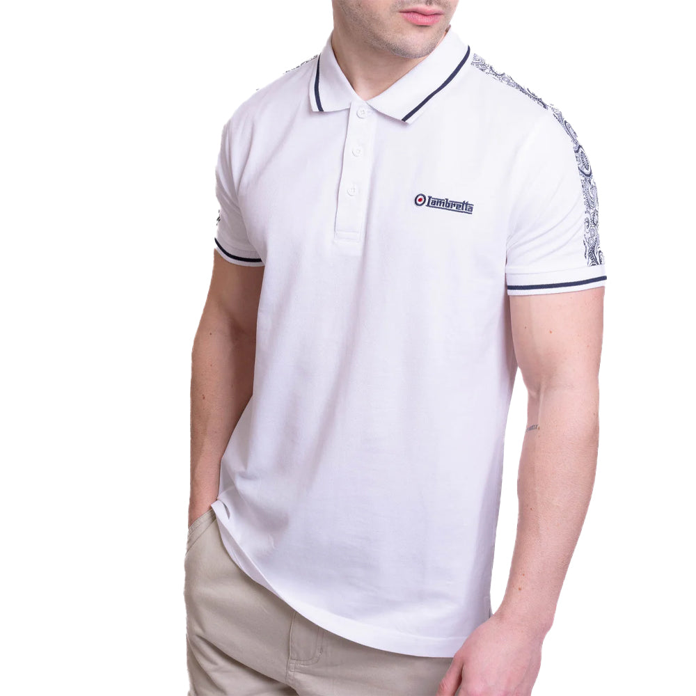 White - Front - Lambretta Mens SS24 Paisley Taped Polo Shirt