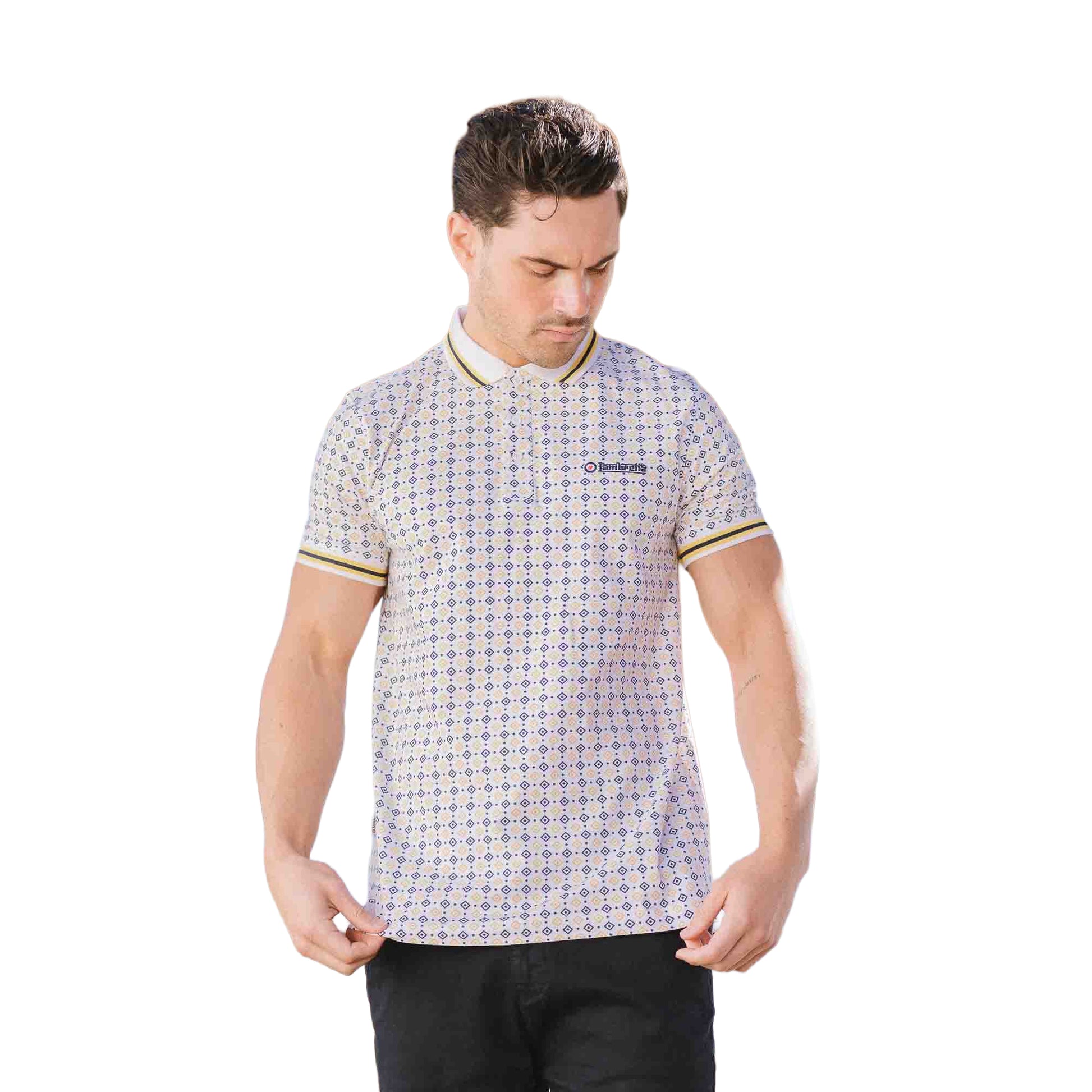 White-Navy-Gold - Side - Lambretta Mens SS25 Geometric Polo Shirt