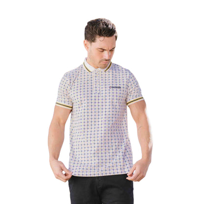 White-Navy-Gold - Side - Lambretta Mens SS25 Geometric Polo Shirt
