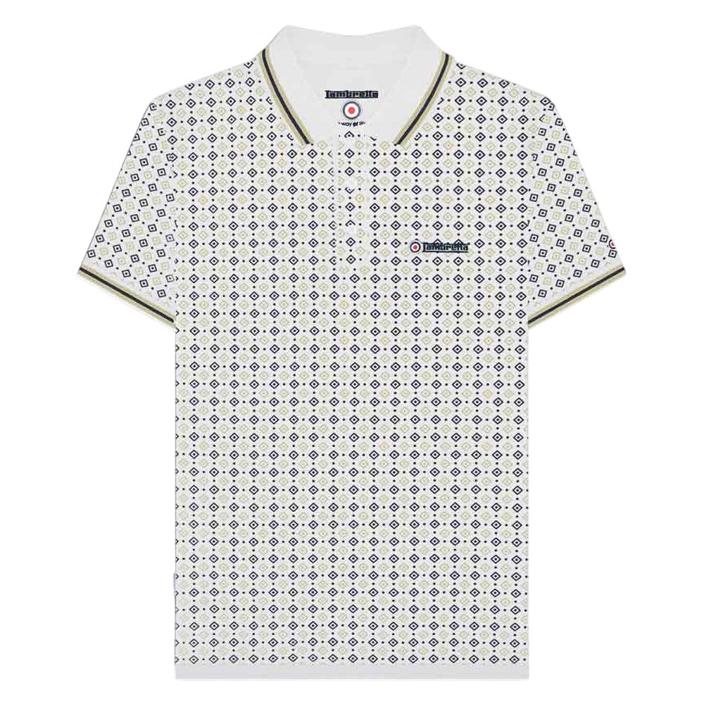 White-Navy-Cashew - Front - Lambretta Mens SS25 Geometric Polo Shirt