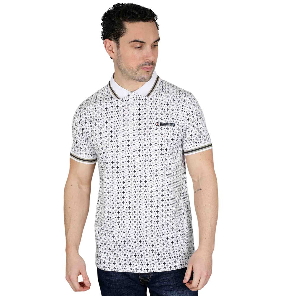 White-Navy-Cashew - Side - Lambretta Mens SS25 Geometric Polo Shirt