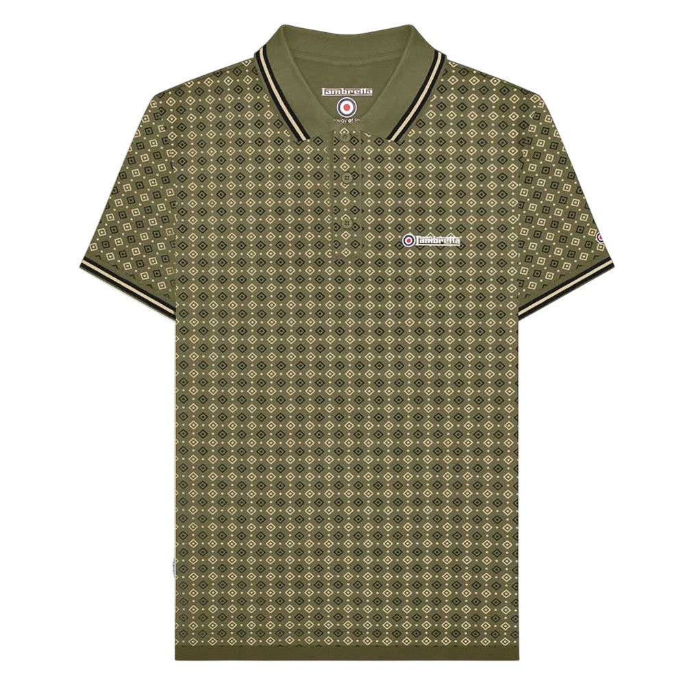 Khaki Green - Front - Lambretta Mens SS25 Geometric Polo Shirt